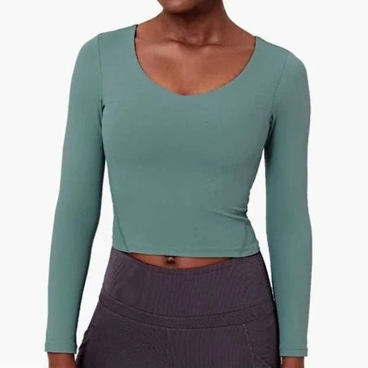 NWT Halara Green Scoop Neck Long Sleeve Sports Top Womens Size 6 Shelf Bra