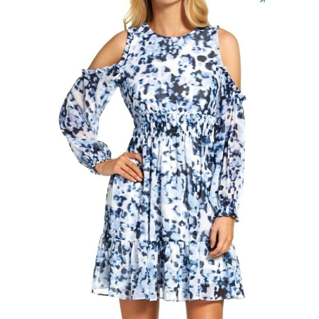 Eliza J Blue Watercolor Animal Print Long Sleeve Cold Shoulder Dress Womens 8