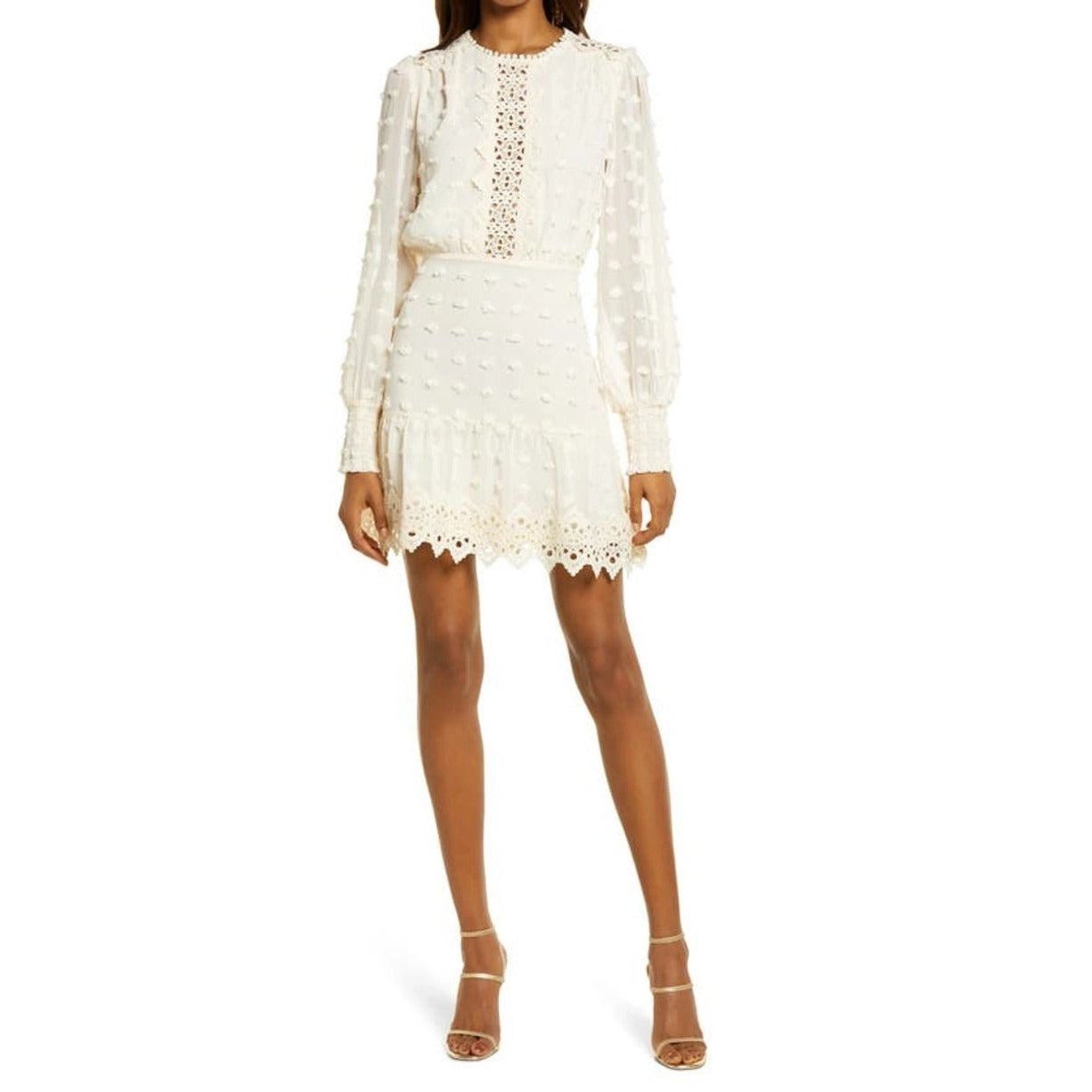 Lulu's Love Or Lust Cream Embroidered Lace Long Sleeve Mini Dress Womens Size XL