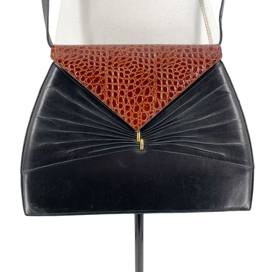 Bally Leather Black Brown Leather Crossbody Fold Over Purse Lightweight