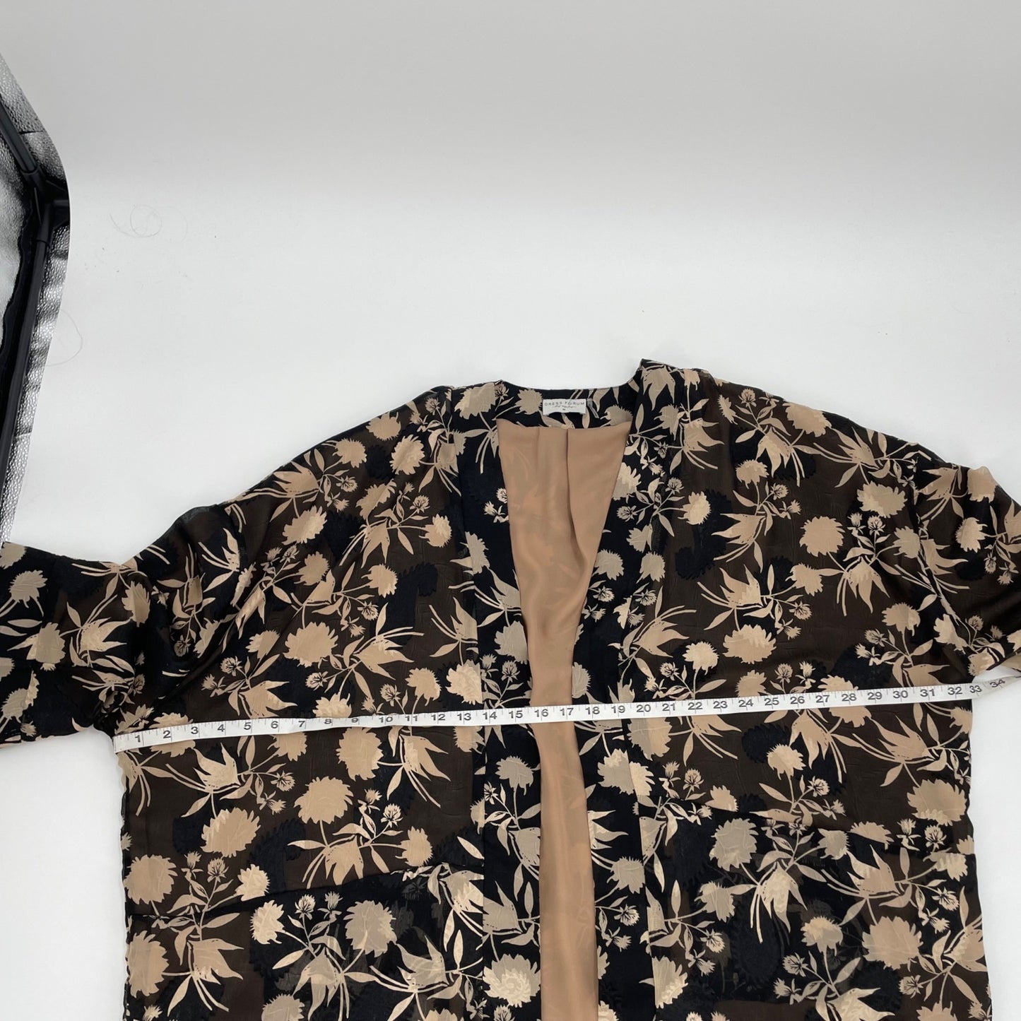 Dress Forum Black Tan Floral Open Front Kimono Womens Size Medium Pockets