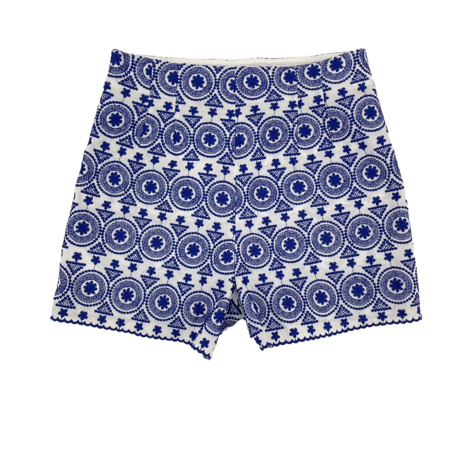 NWT Zara White Blue Embroidered High Rise Scallop Hem Shorts Womens Size Medium