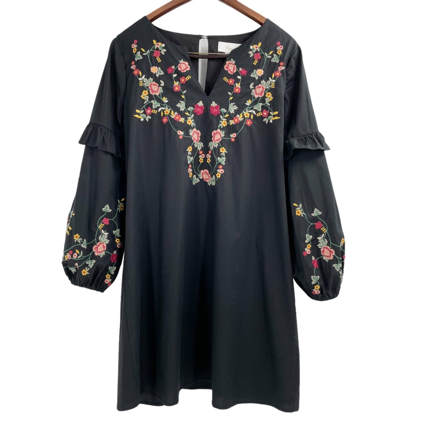 Braeve Black Embroidered Boho Floral Ruffle Split Neck Dress Womens Size Medium