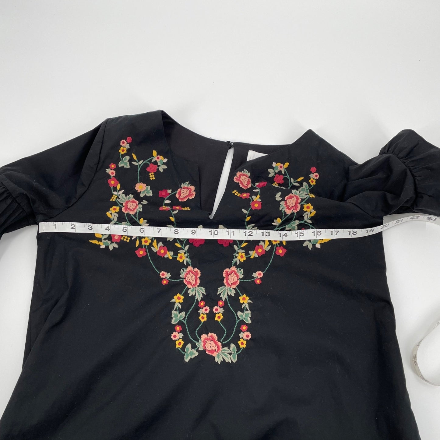 Braeve Black Embroidered Boho Floral Ruffle Split Neck Dress Womens Size Medium