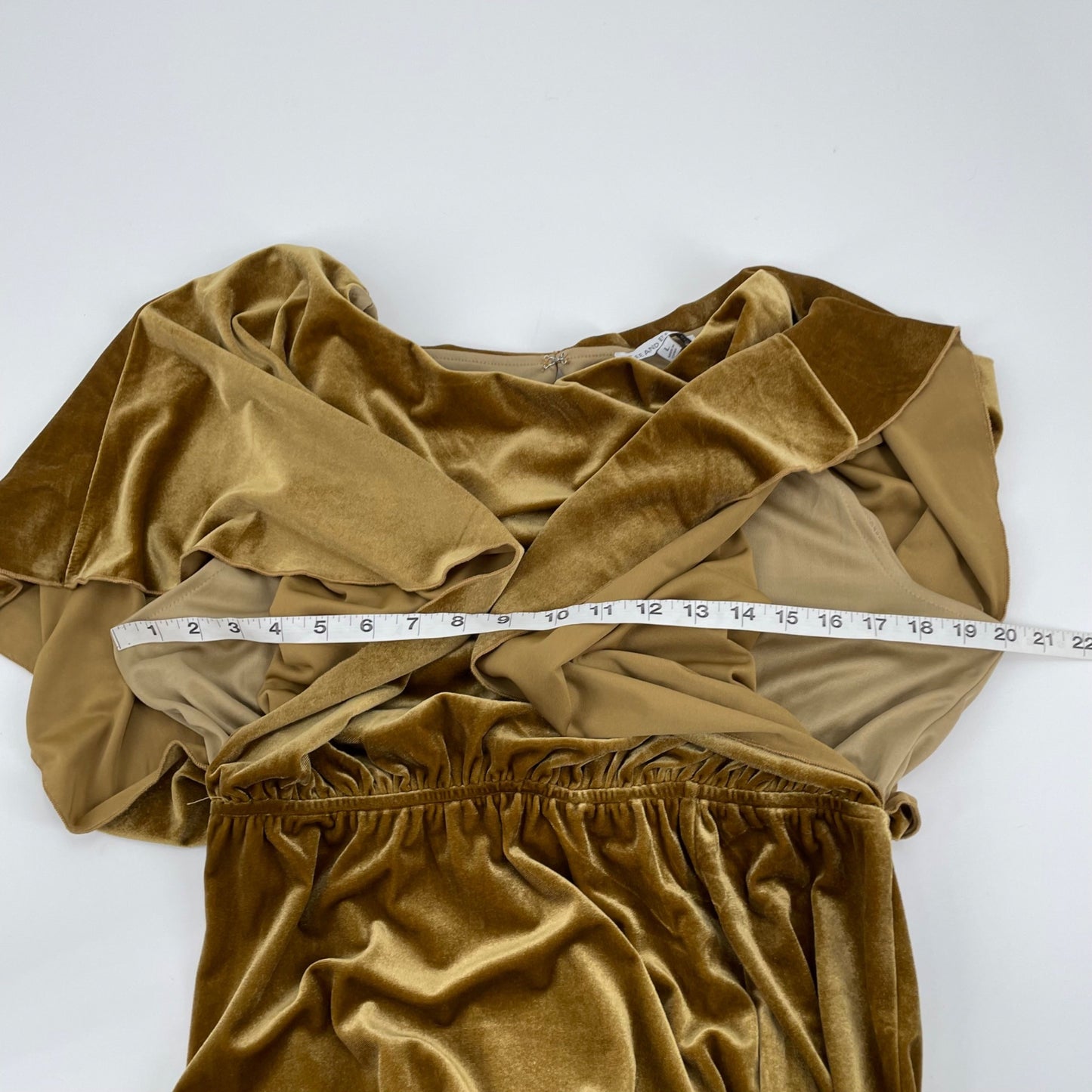 NWT See and Be Seen Gold Velvet Grecian Draped Maxi Dress Womens Size Large