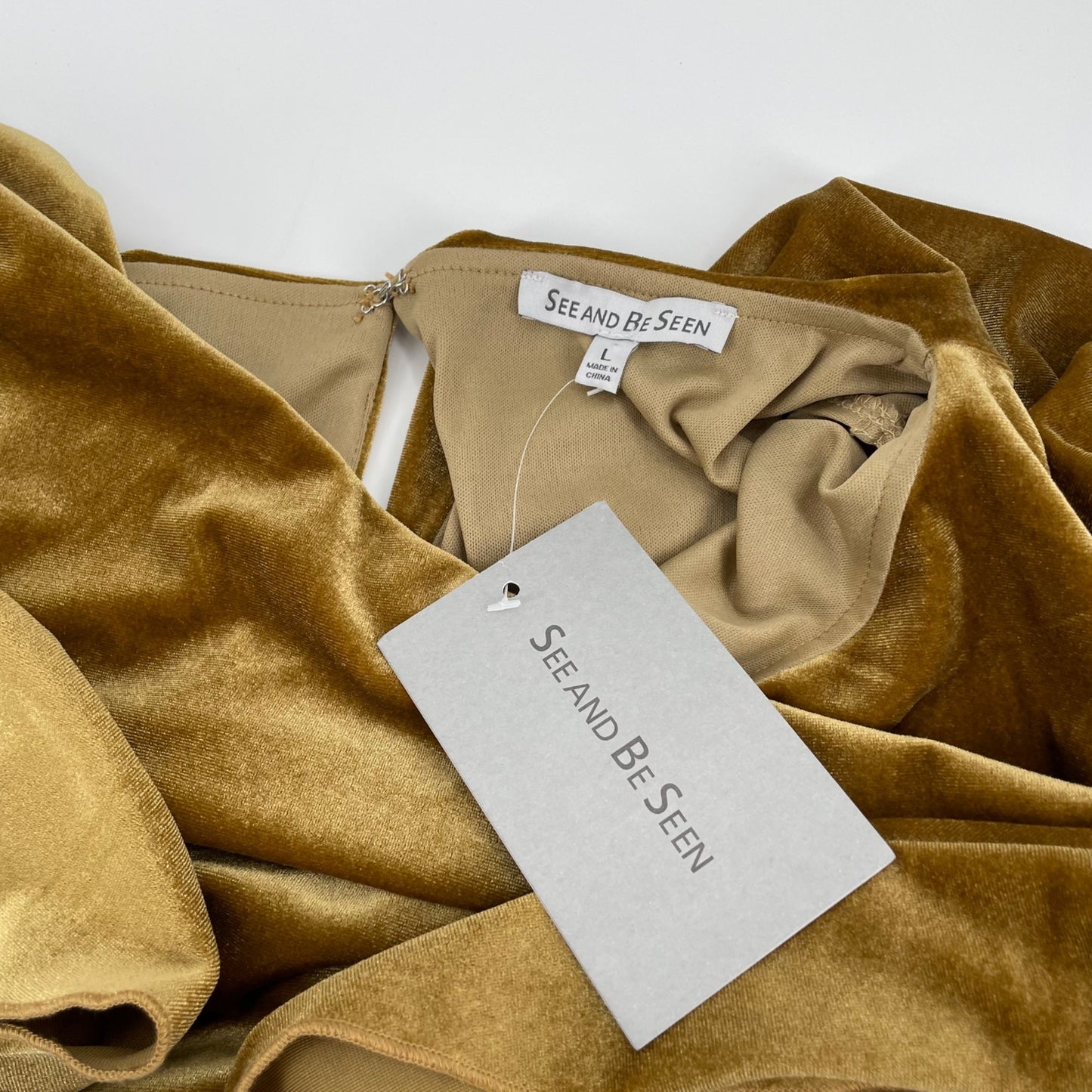 NWT See and Be Seen Gold Velvet Grecian Draped Maxi Dress Womens Size Large