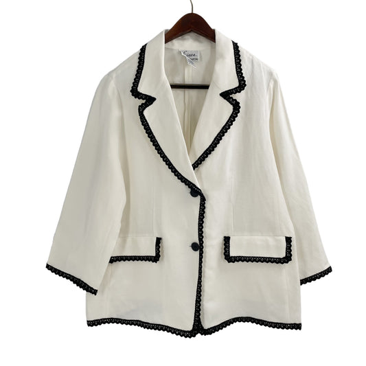 Linea by Louis Dell'Olio White Black Trim Linen Blazer Jacket Women's Size XL