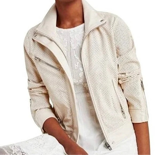 Blank NYC Imelda Cream Perforated Vegan Leather Moto Zip Jacket Womens Small