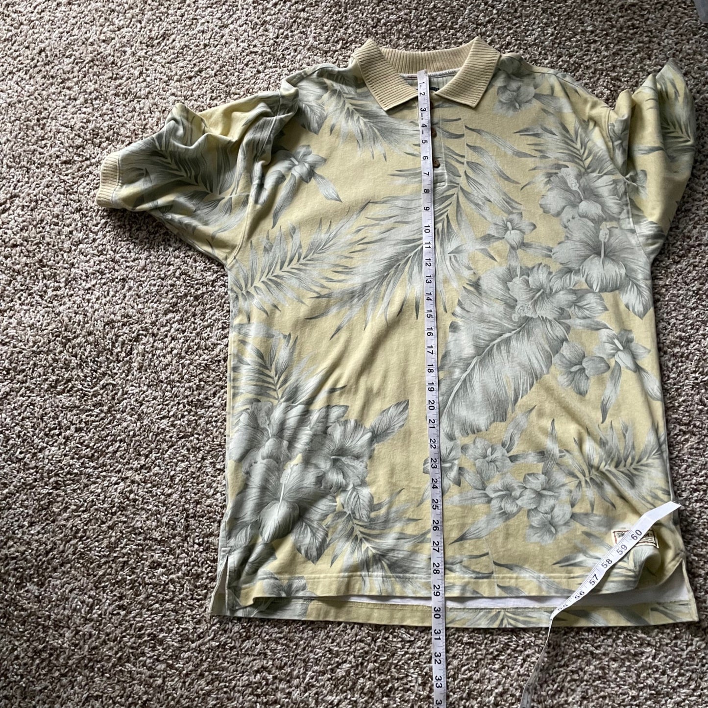 Vintage Tommy Bahama Yellow Tropical Print Short Sleeve Polo Shirt Mens Large