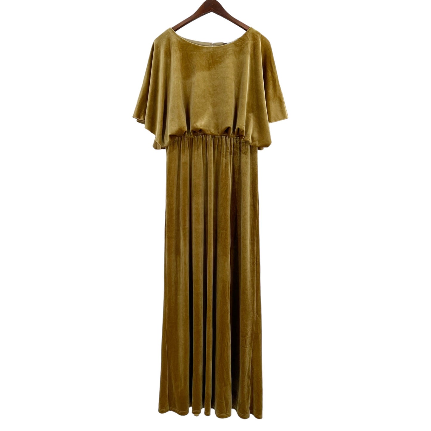 NWT See and Be Seen Gold Velvet Grecian Draped Maxi Dress Womens Size Large