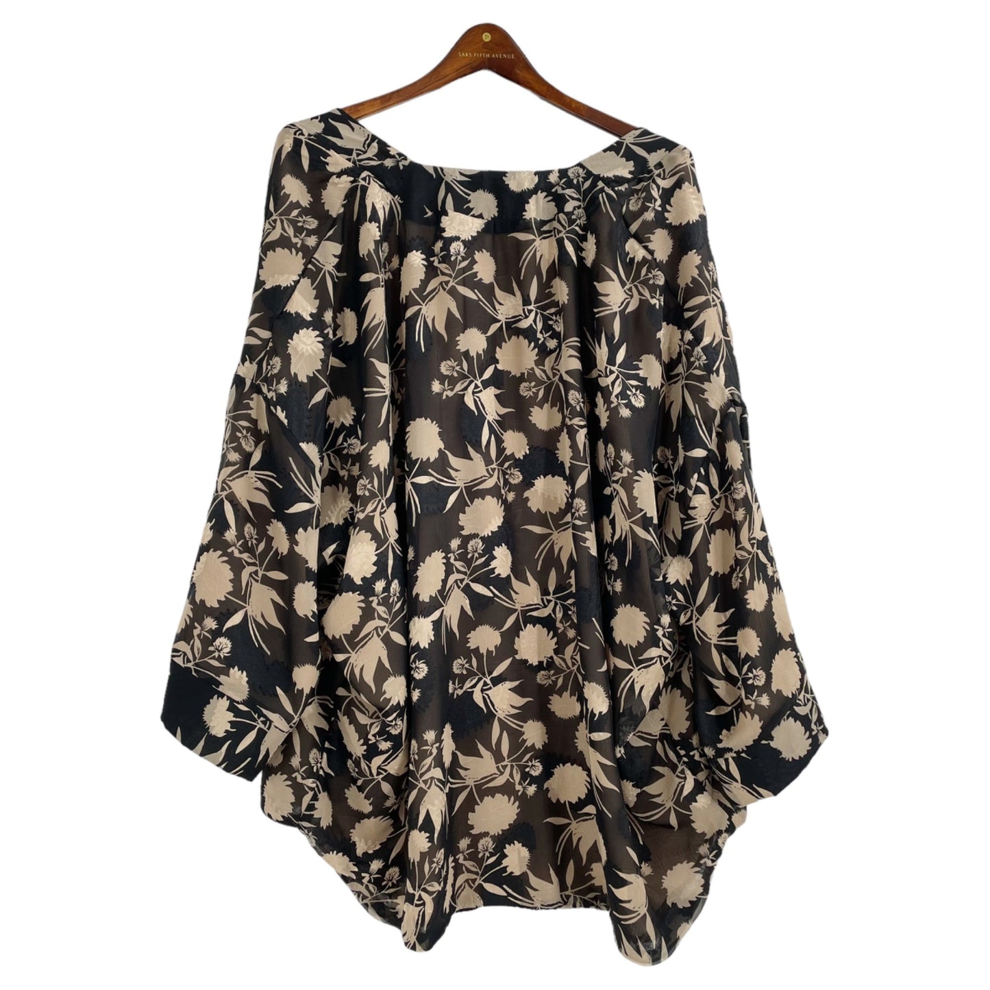 Dress Forum Black Tan Floral Open Front Kimono Womens Size Medium Pockets