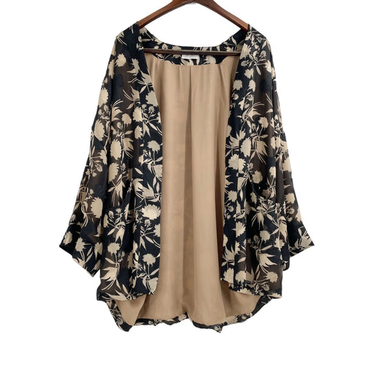 Dress Forum Black Tan Floral Open Front Kimono Womens Size Medium Pockets