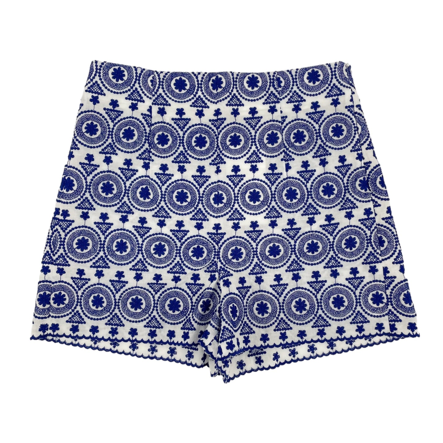 NWT Zara White Blue Embroidered High Rise Scallop Hem Shorts Womens Size Medium