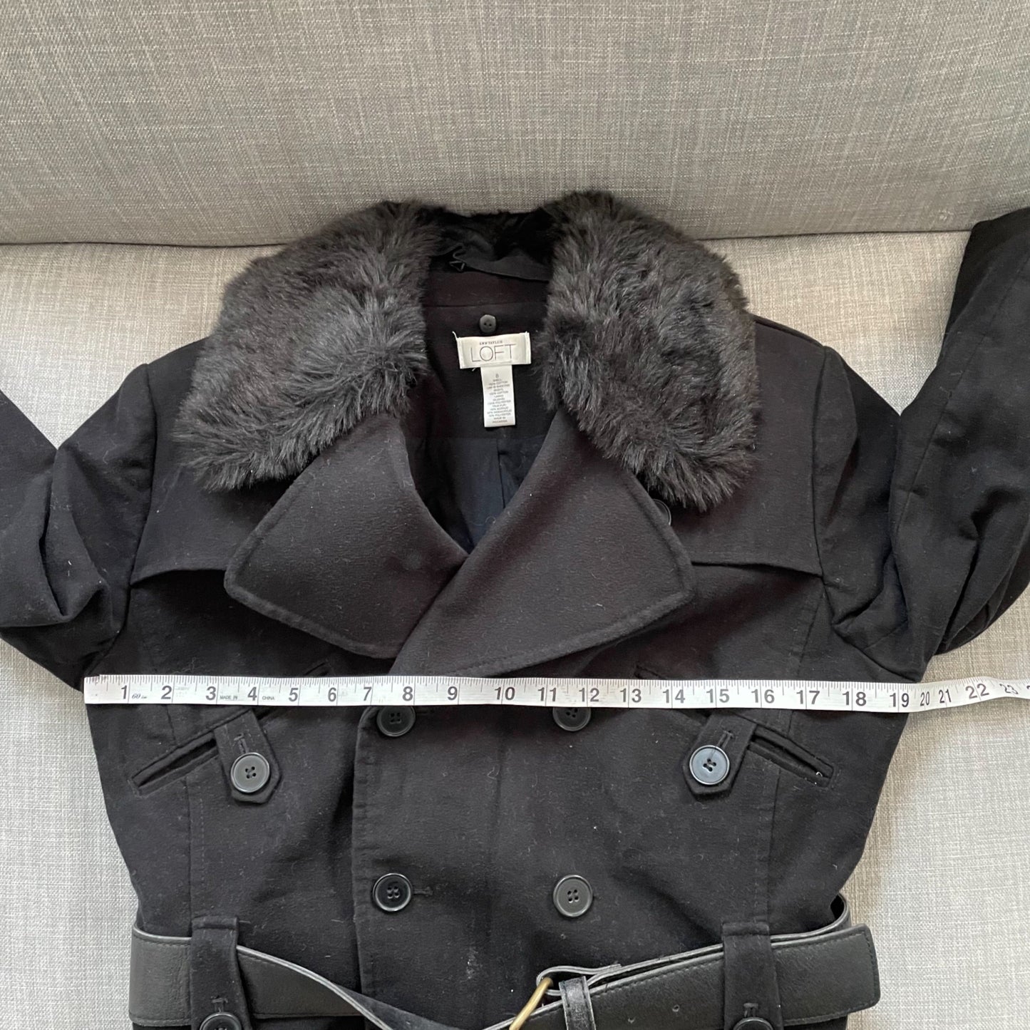 LOFT Black Belted Pea Coat Removable Faux Fur Collar Womens Size 8 Chic Glam