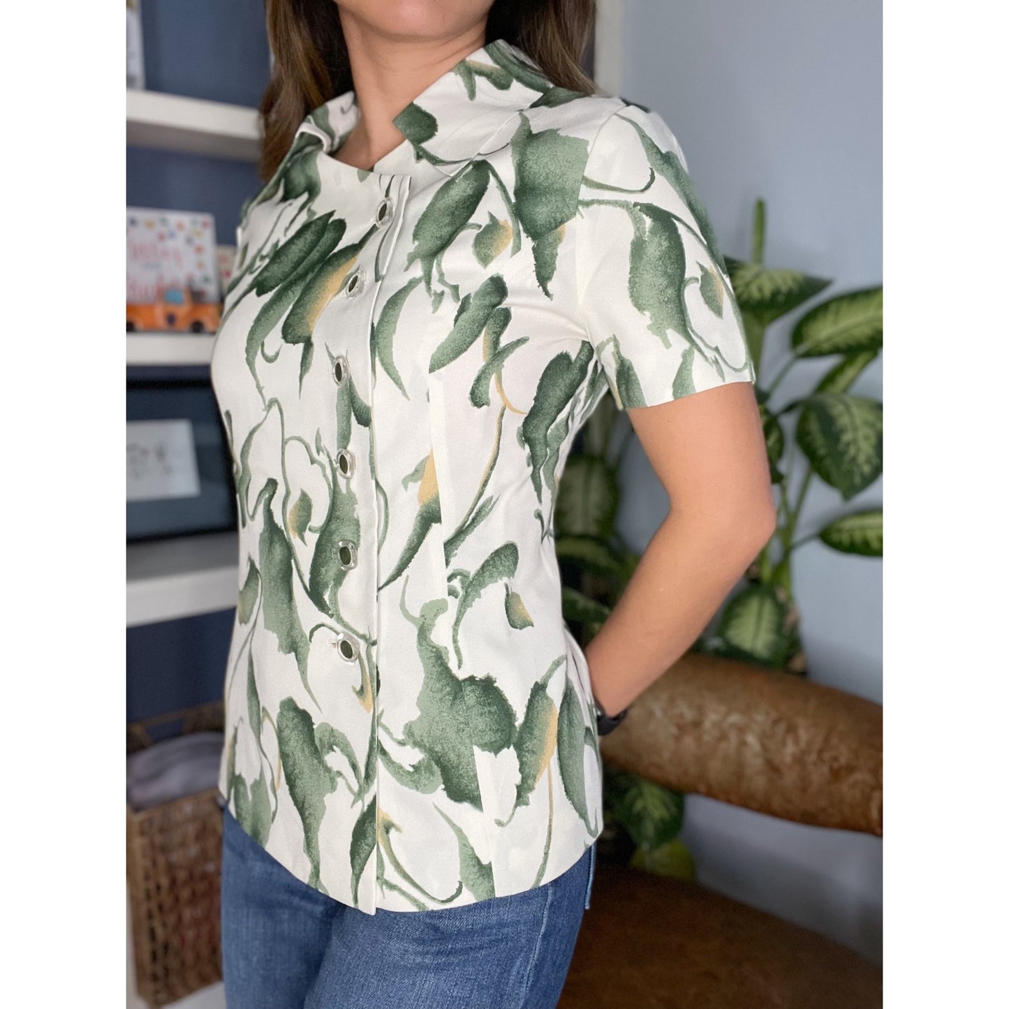 Sanroku Green Botanical Asian Style Button Up Collared Shirt Women's Size Small