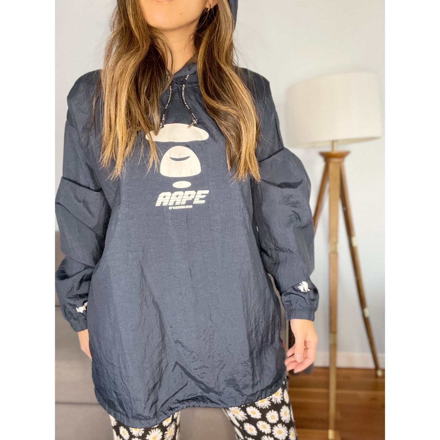 AAPE Blue Hooded Graphic Logo Windbreaker Jacket Men's Small By A Bathing Ape