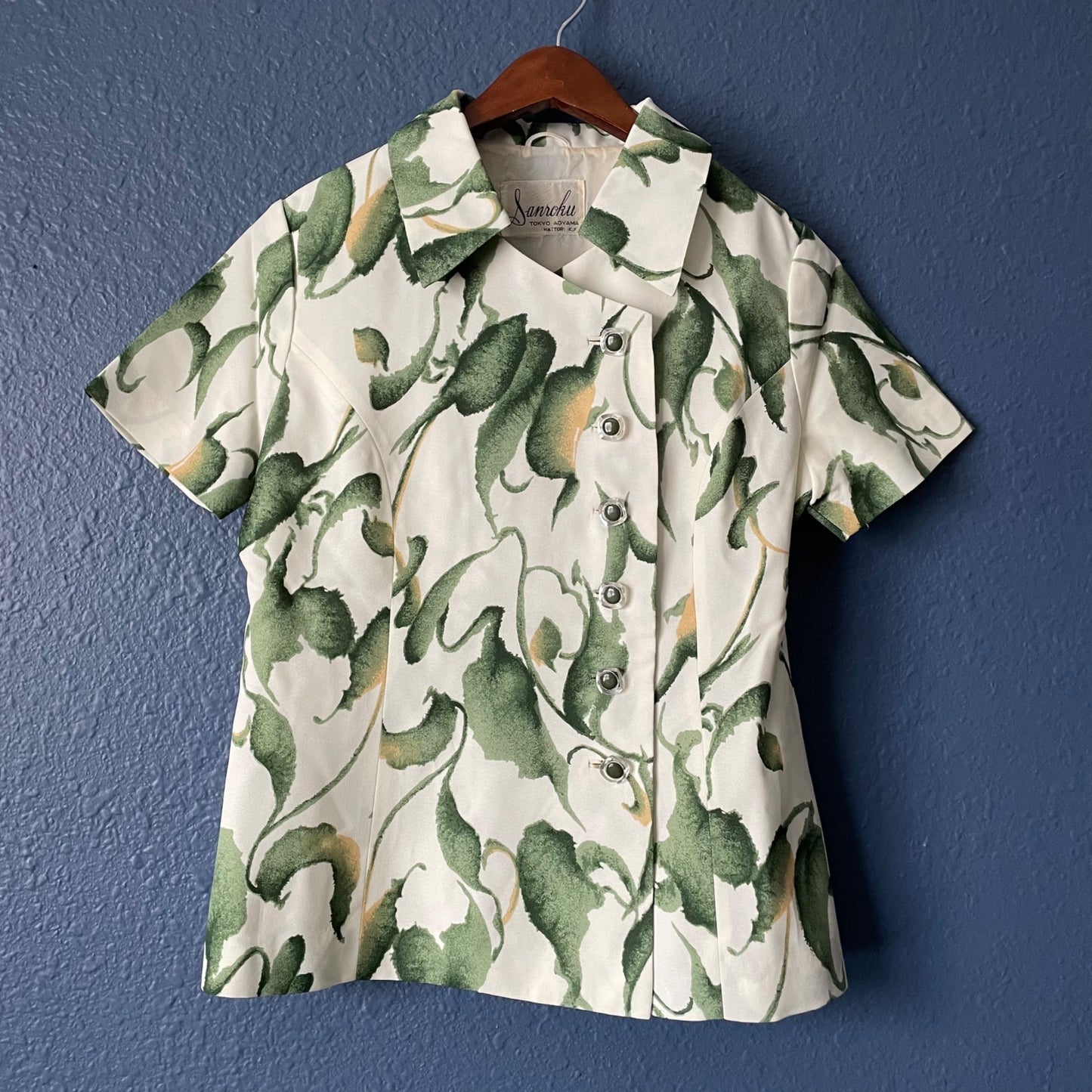 Sanroku Green Botanical Asian Style Button Up Collared Shirt Women's Size Small