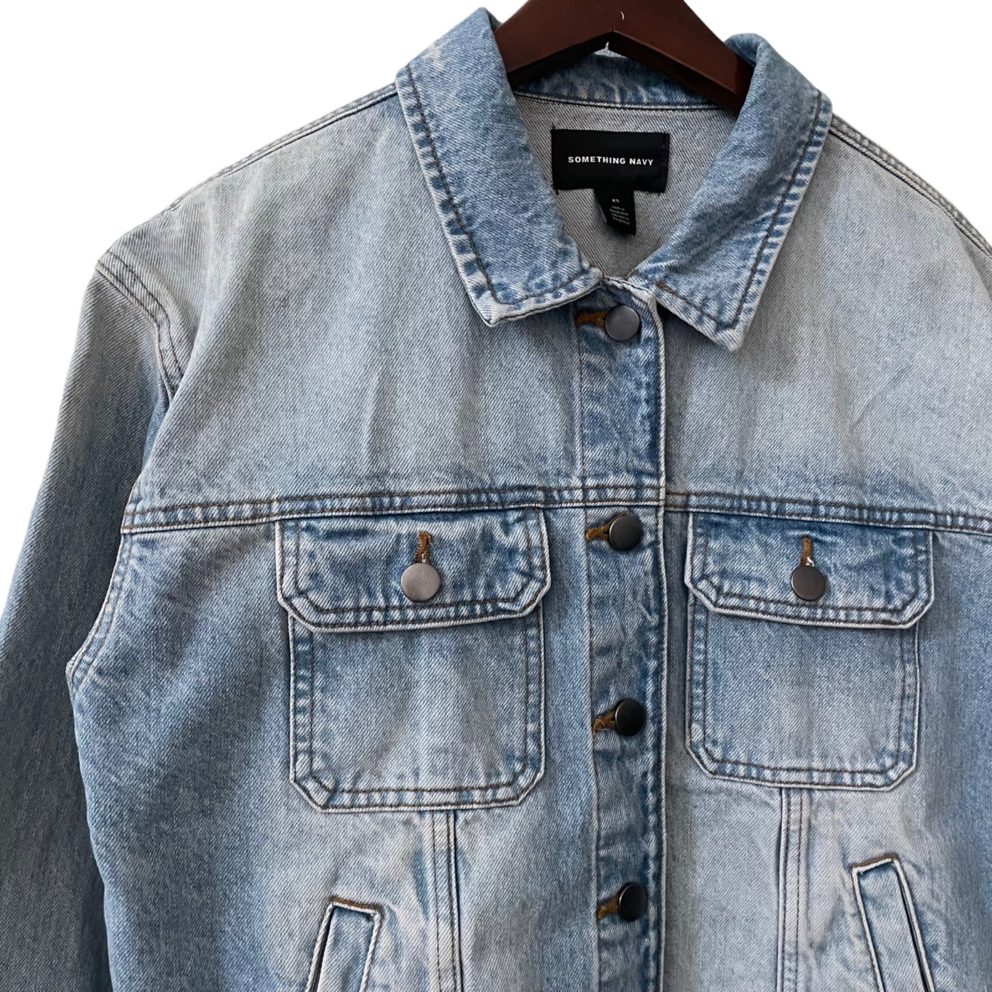 Something Navy Blue Light Wash Denim Jean Jacket Women's Size XS Casual Cotton