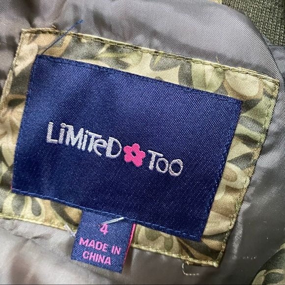 Limited Too Camo Patches Full Zip Bomber Jacket Youth Girl's Size 4 Casual