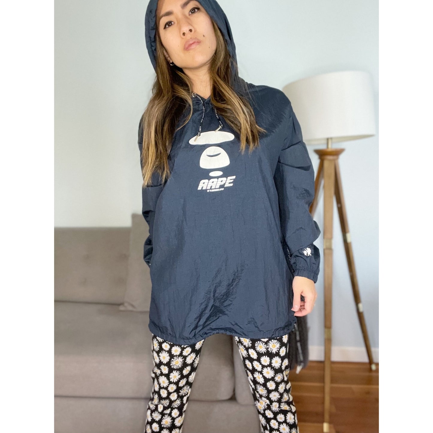 AAPE Blue Hooded Graphic Logo Windbreaker Jacket Men's Small By A Bathing Ape