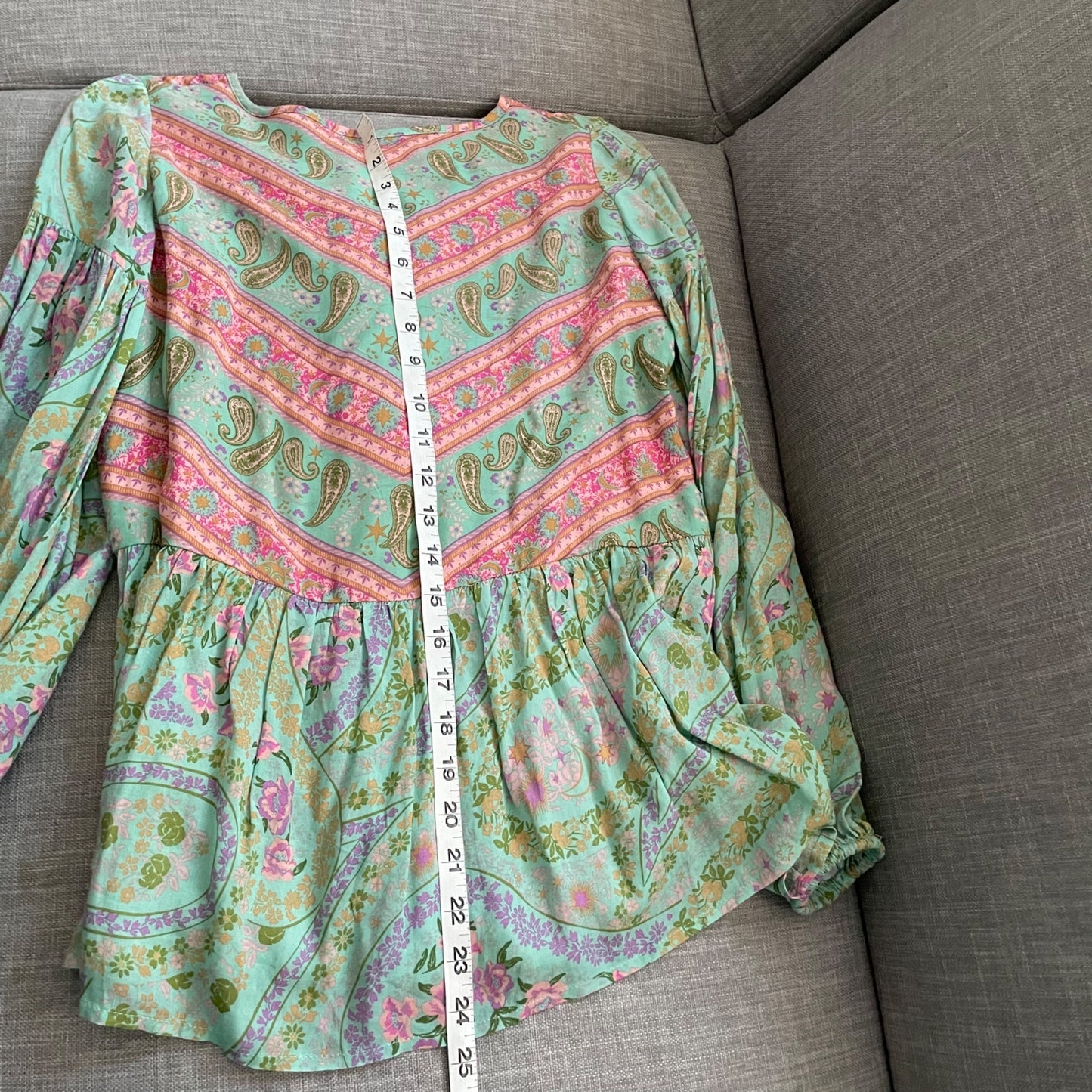 Spell & the Gypsy City Lights Sage Green Paisley Lace-Up Blouse Women's Size XS