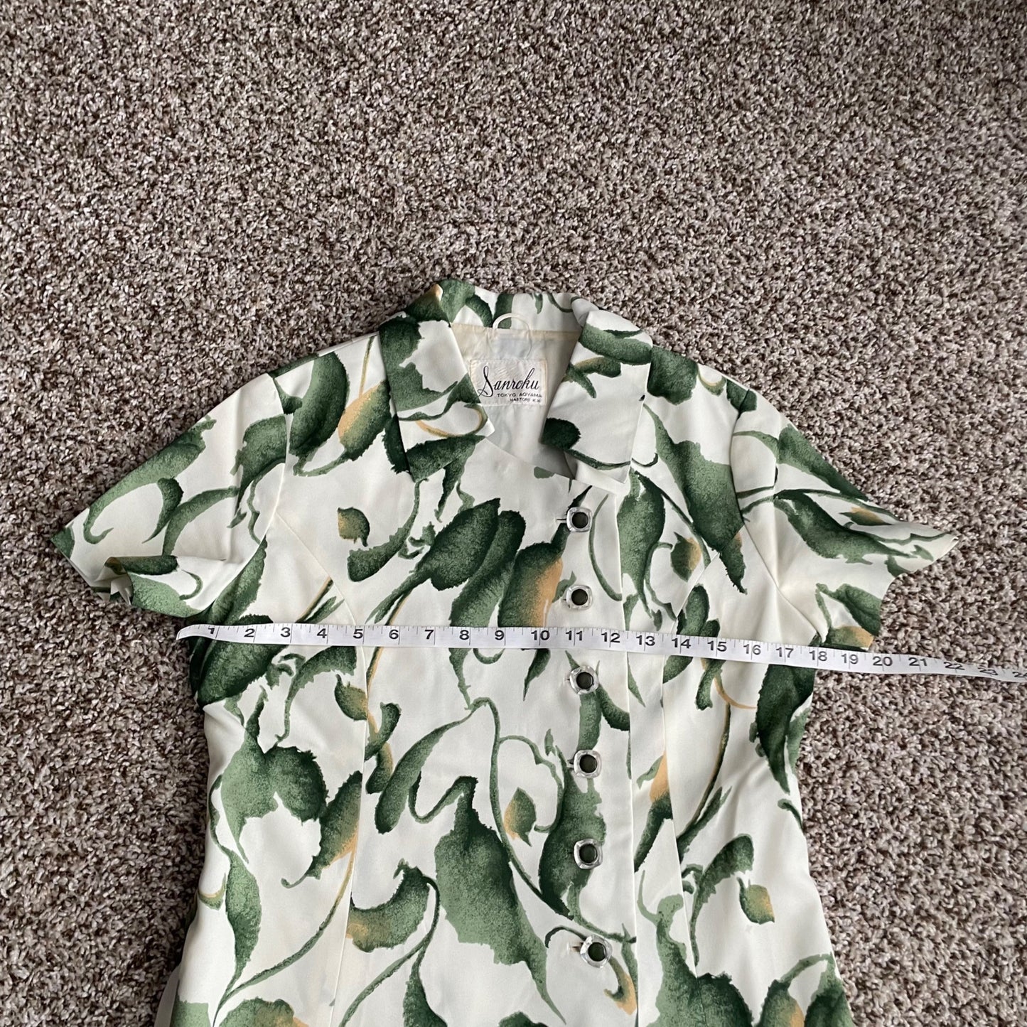 Sanroku Green Botanical Asian Style Button Up Collared Shirt Women's Size Small