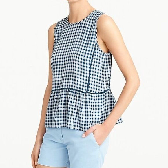 J. Crew 100% Silk Gingham Ruffle Sleeveless Top Women’s Size 2 Tall