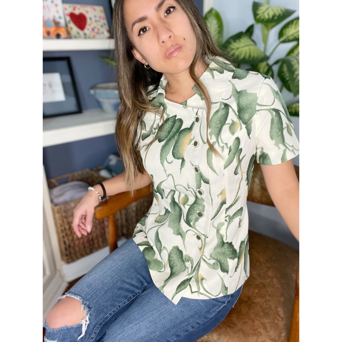 Sanroku Green Botanical Asian Style Button Up Collared Shirt Women's Size Small