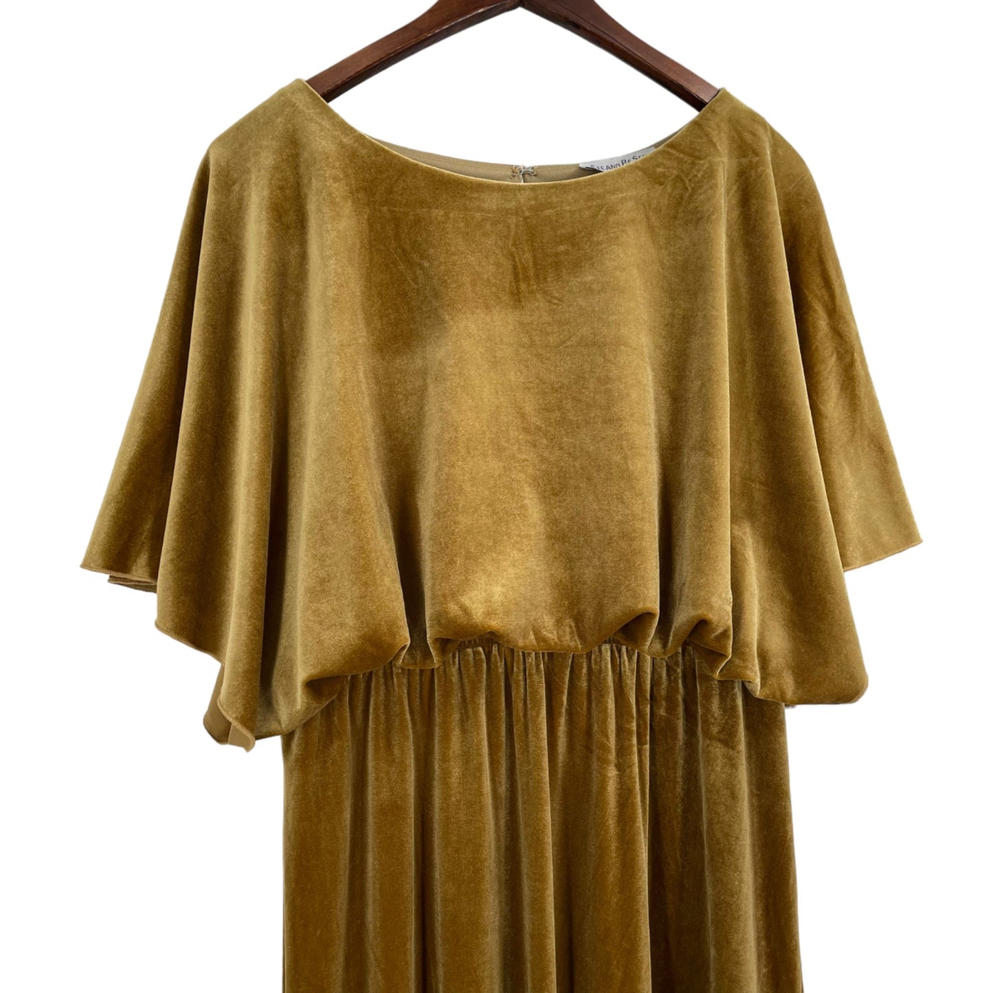 NWT See and Be Seen Gold Velvet Grecian Draped Maxi Dress Womens Size Large