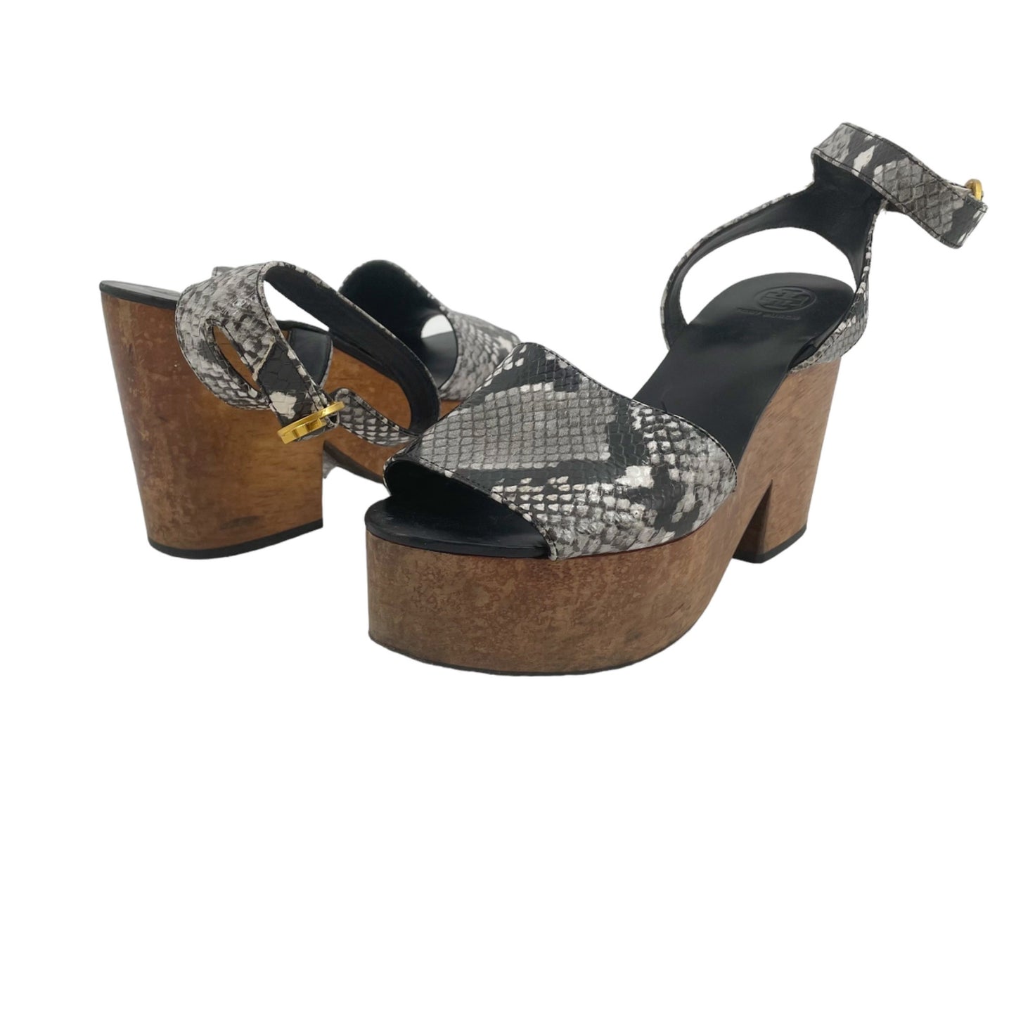 Tory Burch Camilla Leather Snake Print Wooden Platform Sandals Heels Womens 9