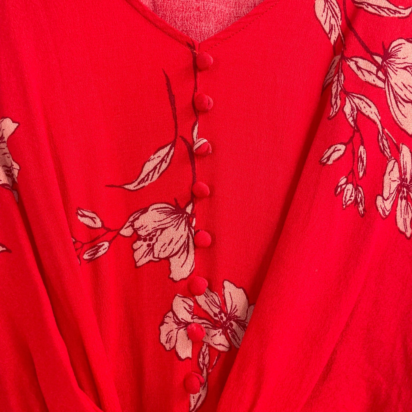 Dress Forum Red Floral Long Sleeve Front Tie Dress Womens Size Large Buttons