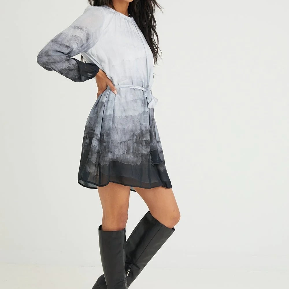 Bella Dahl Gray Ombre Glacier Print Belted Mini Long Sleeve Dress Womens Size XS