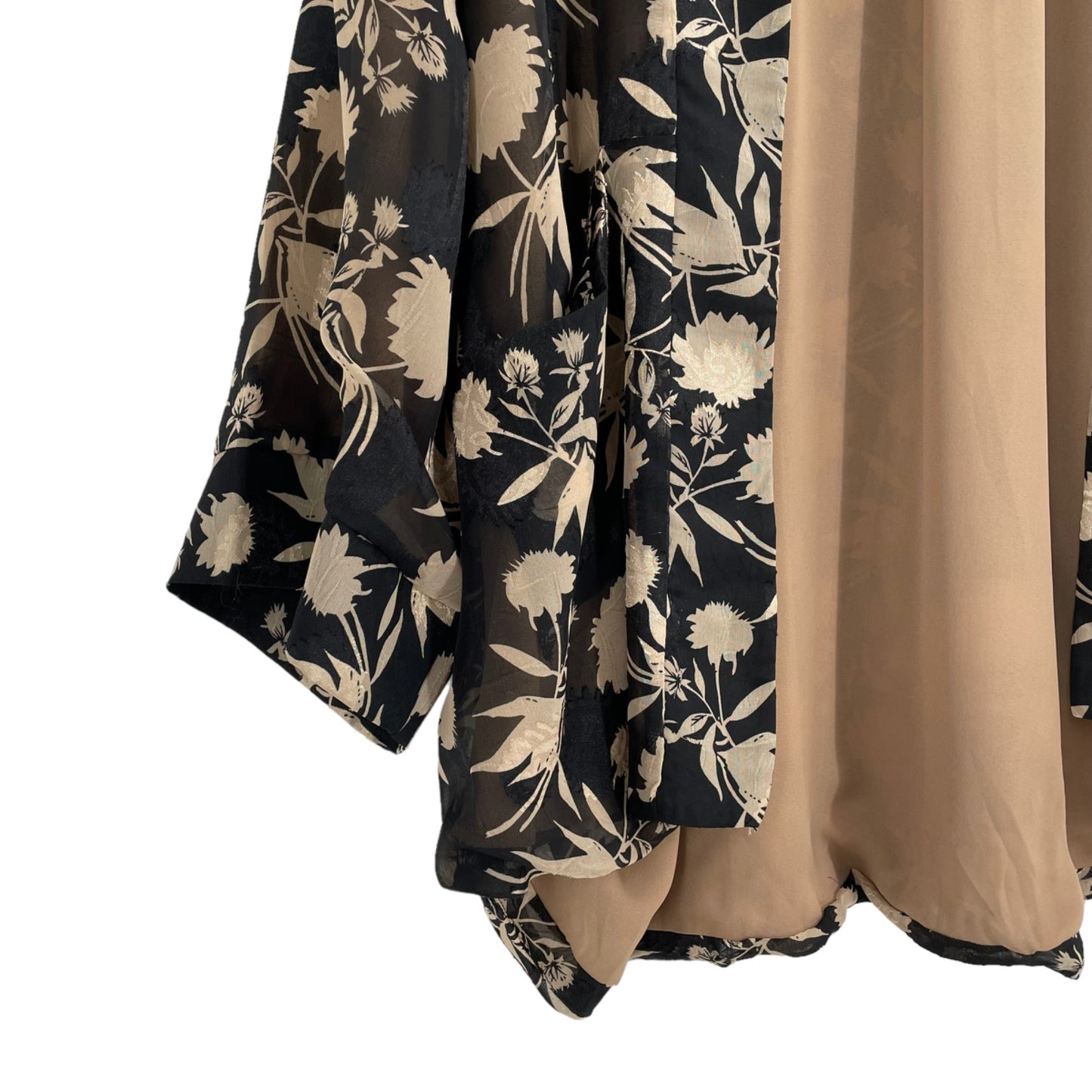 Dress Forum Black Tan Floral Open Front Kimono Womens Size Medium Pockets