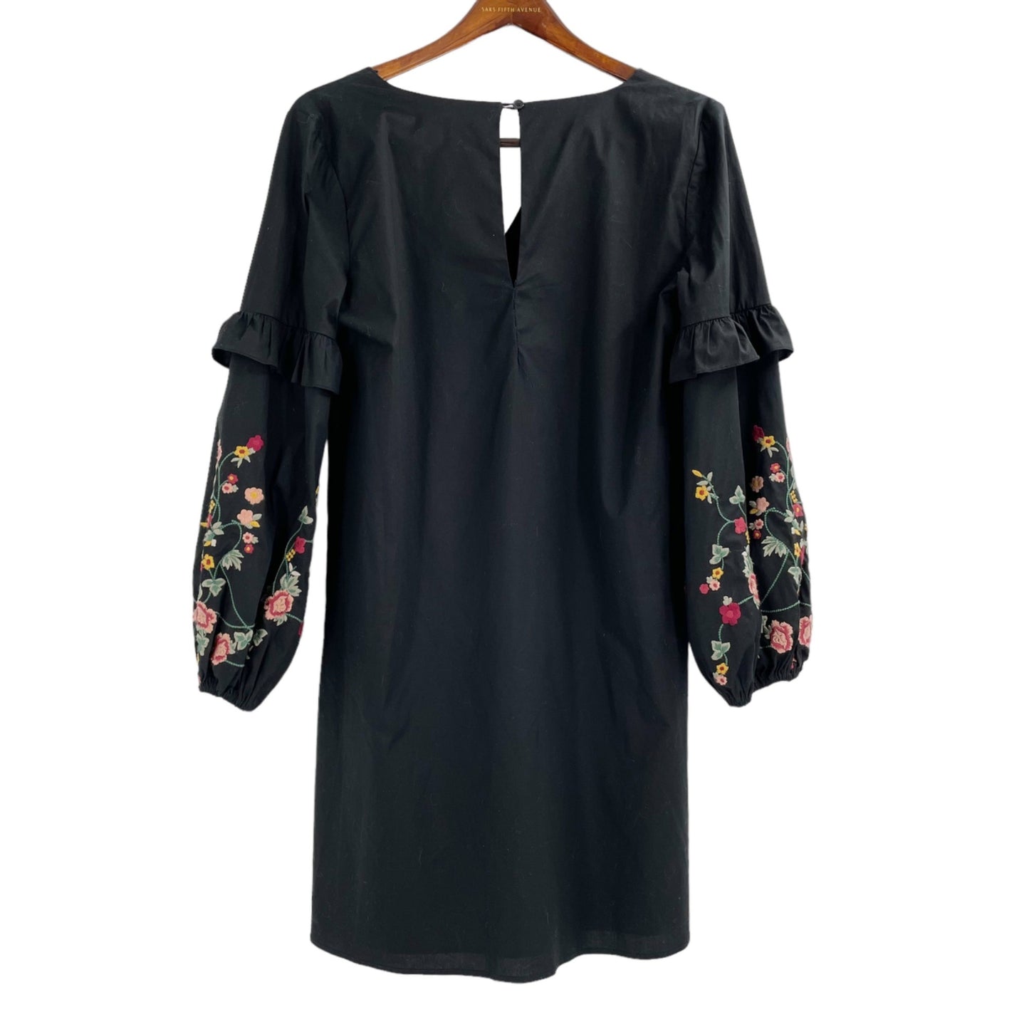 Braeve Black Embroidered Boho Floral Ruffle Split Neck Dress Womens Size Medium
