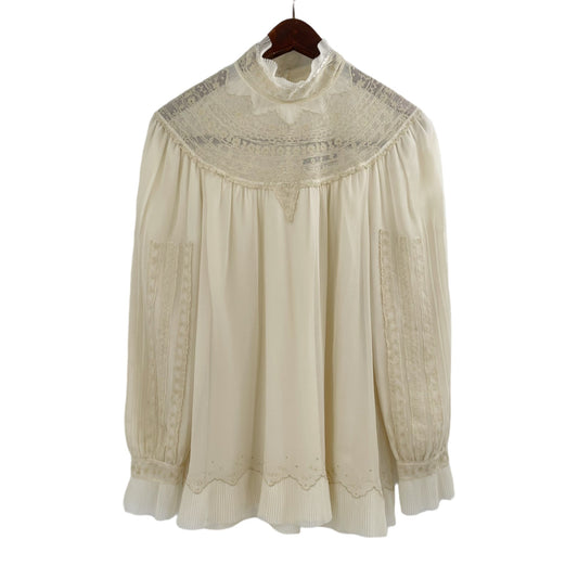 Peruvian Connection Ivory 100% Silk Long Sleeve Embroidered Blouse Womens Size 6