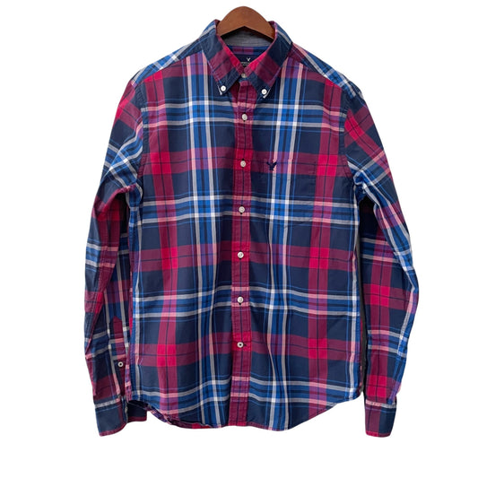 American Eagle Classic Fit Preppy Red Blue Plaid Button Down Shirt Mens Small