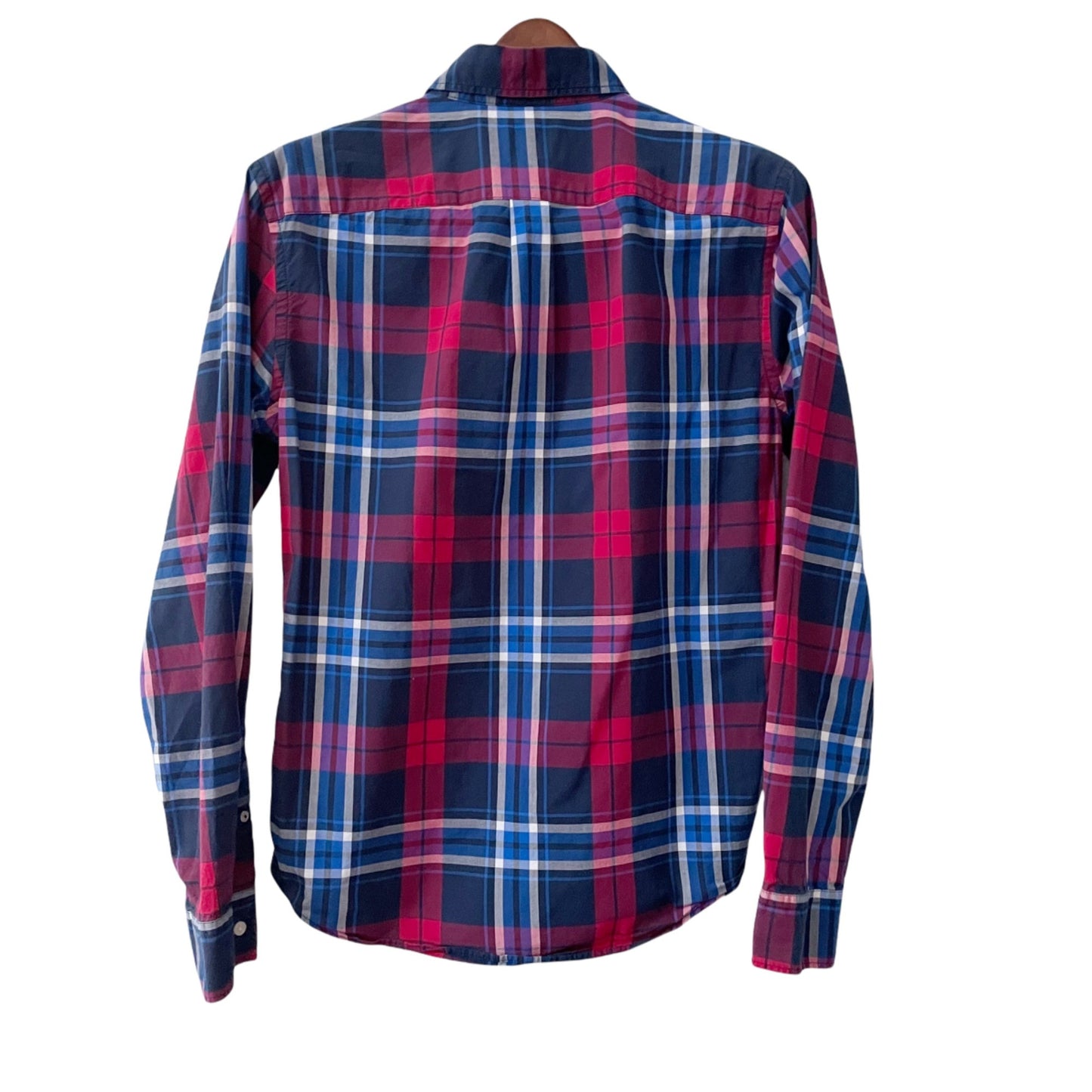 American Eagle Classic Fit Preppy Red Blue Plaid Button Down Shirt Mens Small