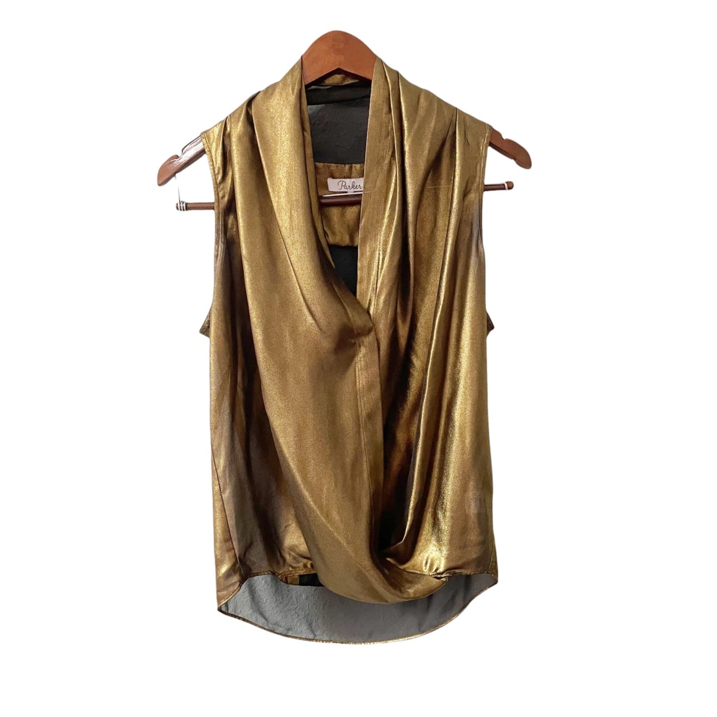 Parker Gold Metallic Draped Sleeveless Wrap Top Womens XS Holiday Party Glam