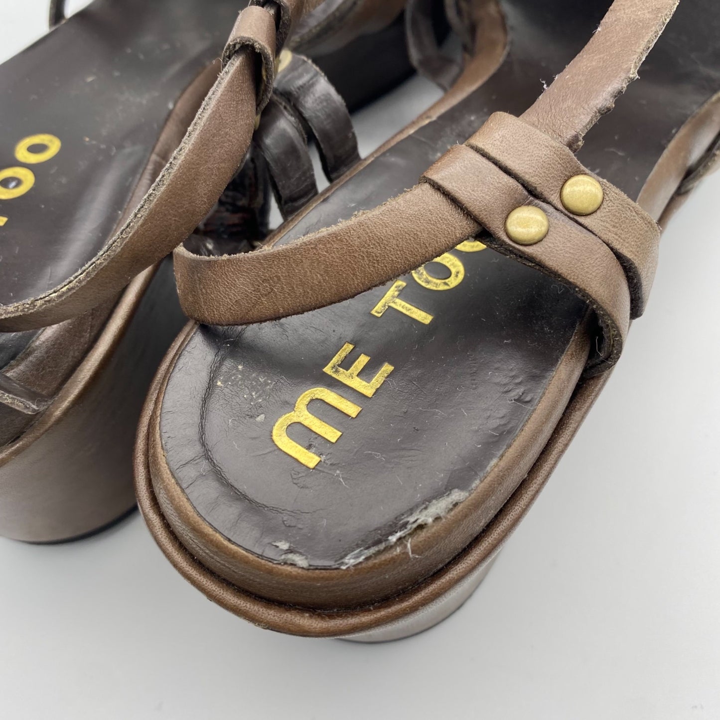 Vintage Y2K Me Too Brown Crescent Strappy Leather Wedges Sandals Womens 7.5M