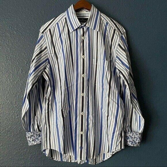 Bugatchi Uomo Contrast Cuff Button Up Shirt Mens Size Medium Striped Floral