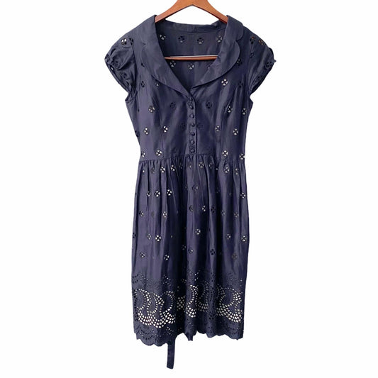 Ann Taylor Navy Eyelet Scalloped Dress Womens Size 0 Peter Pan Collar Belted