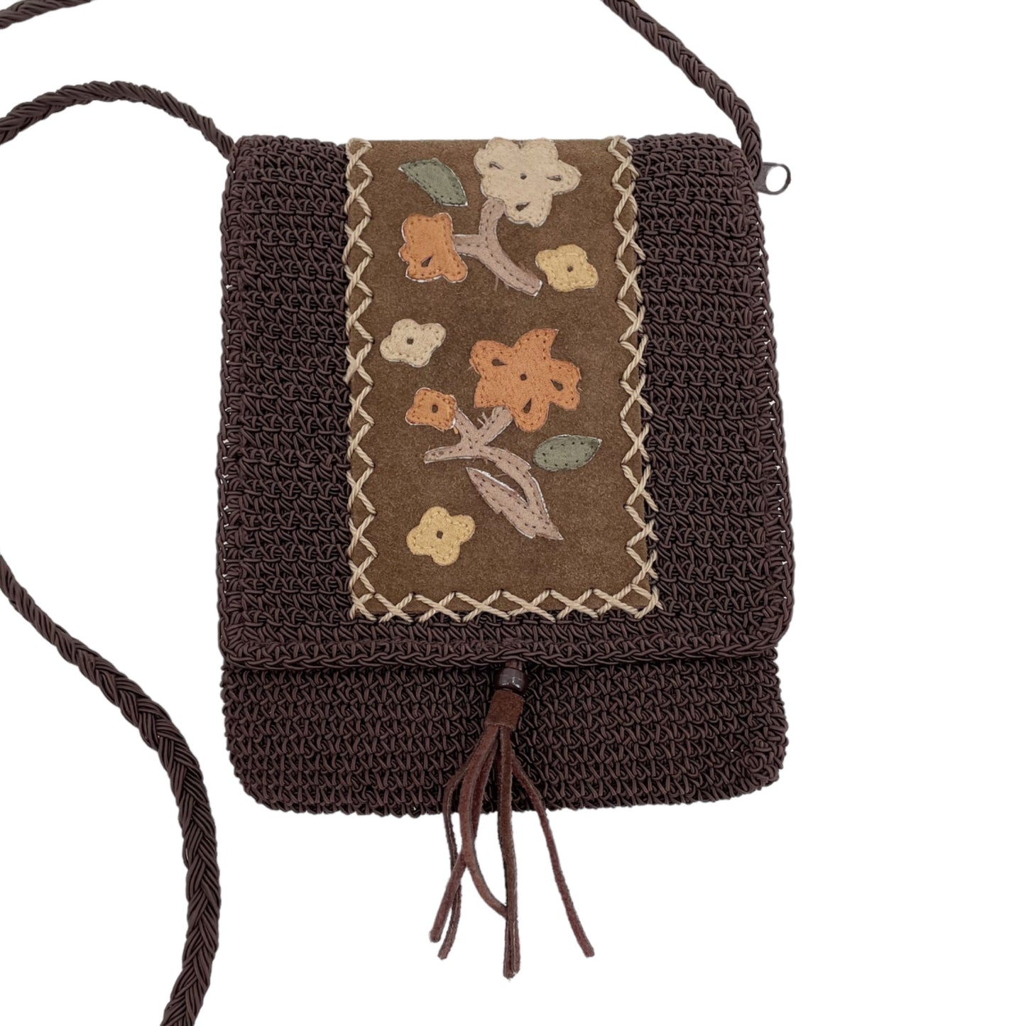 Brown Knit Suede Floral Boho Foldover Tassel Crossboy Bag Purse Zipper Closure