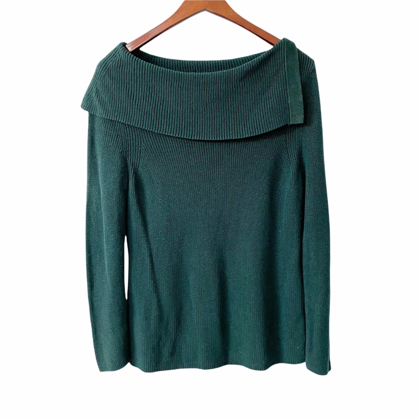 Chico's Knit Cozy Chunky Boho Sweater Fold Over Neck Green Womens Medium Ribbed
