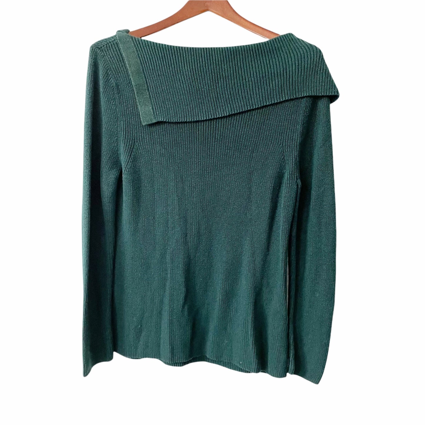 Chico's Knit Cozy Chunky Boho Sweater Fold Over Neck Green Womens Medium Ribbed