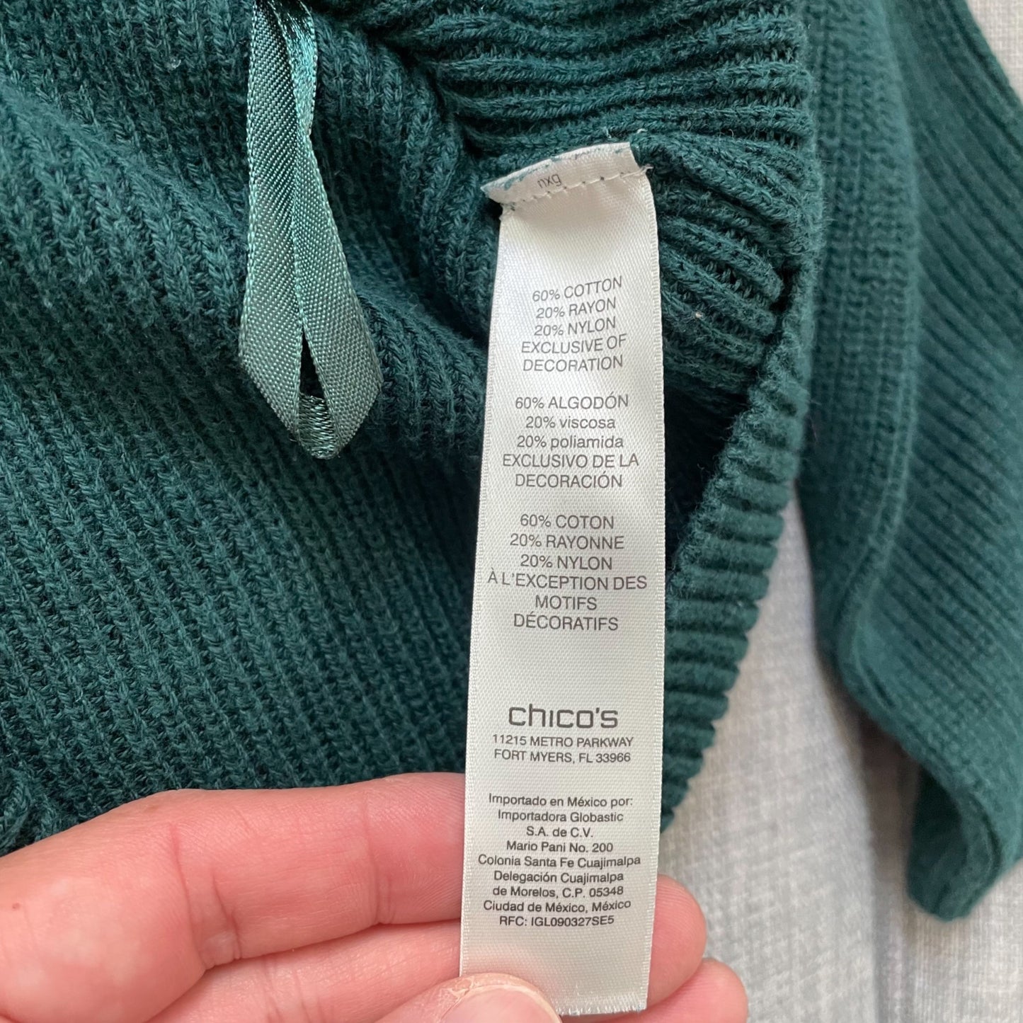 Chico's Knit Cozy Chunky Boho Sweater Fold Over Neck Green Womens Medium Ribbed