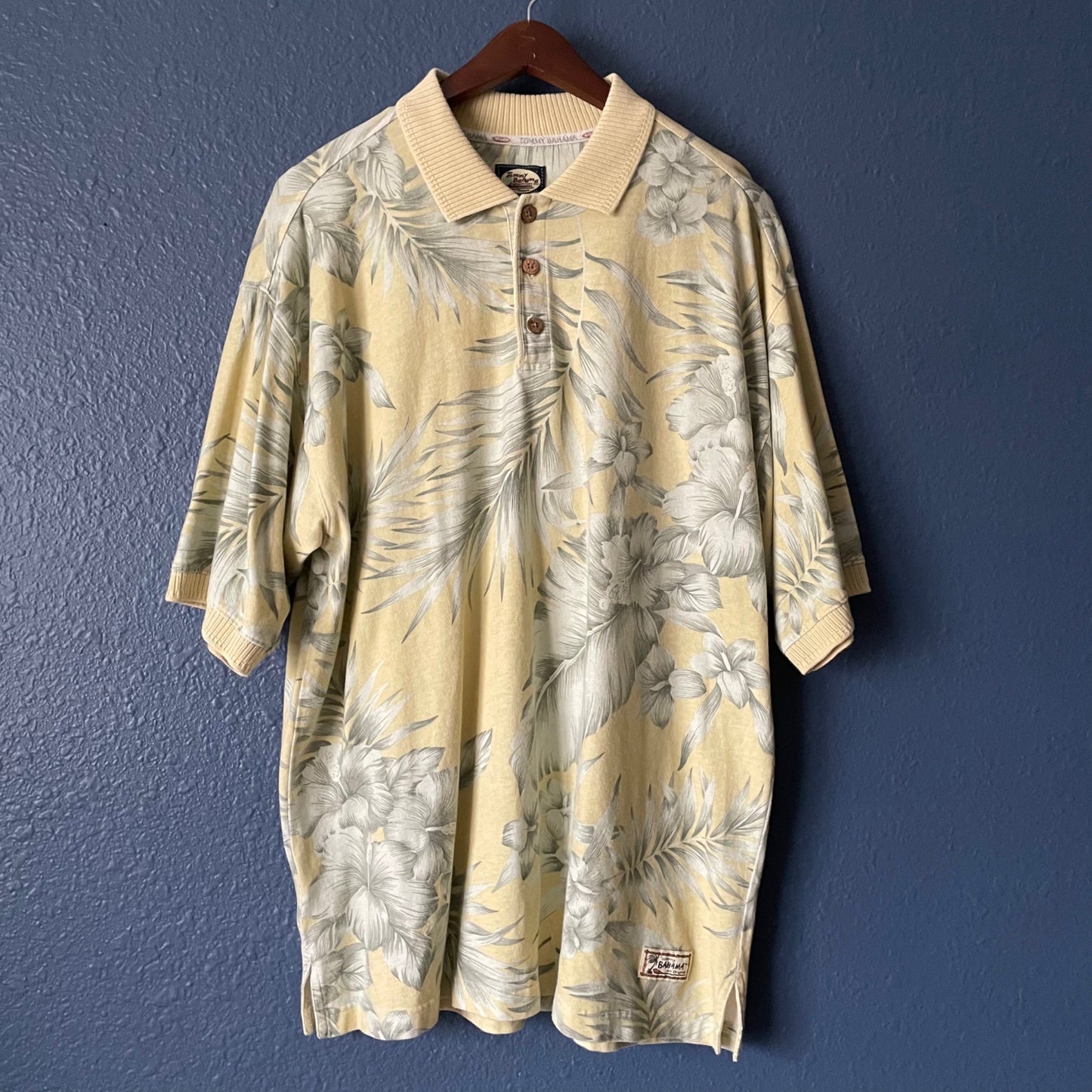 Vintage Tommy Bahama Yellow Tropical Print Short Sleeve Polo Shirt Mens Large