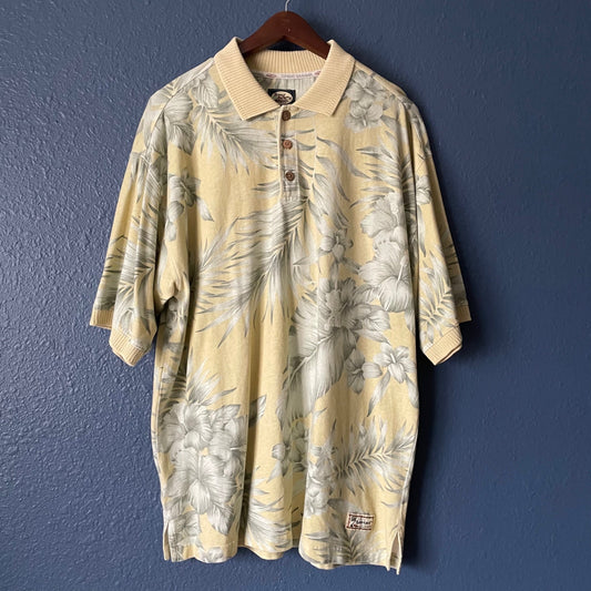 Vintage Tommy Bahama Yellow Tropical Print Short Sleeve Polo Shirt Mens Large
