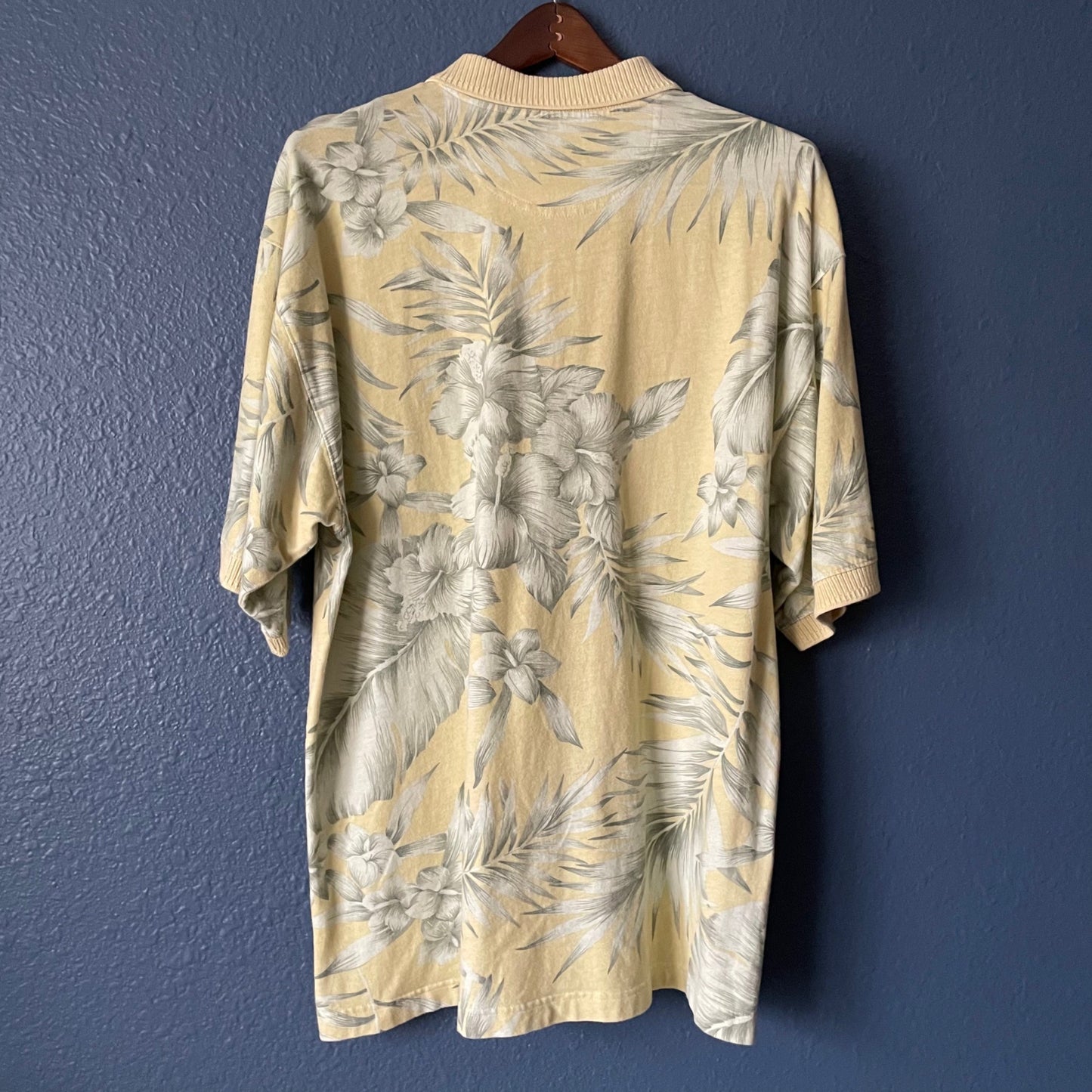 Vintage Tommy Bahama Yellow Tropical Print Short Sleeve Polo Shirt Mens Large