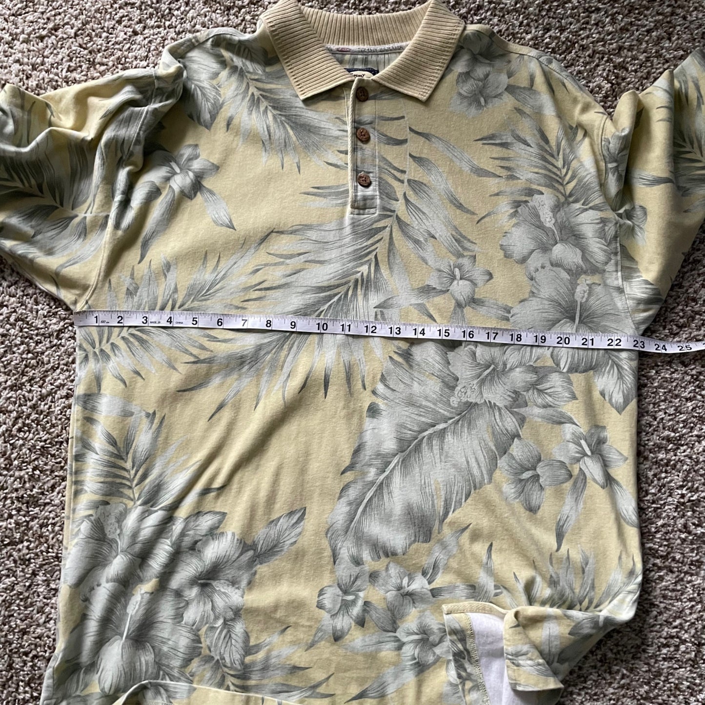 Vintage Tommy Bahama Yellow Tropical Print Short Sleeve Polo Shirt Mens Large