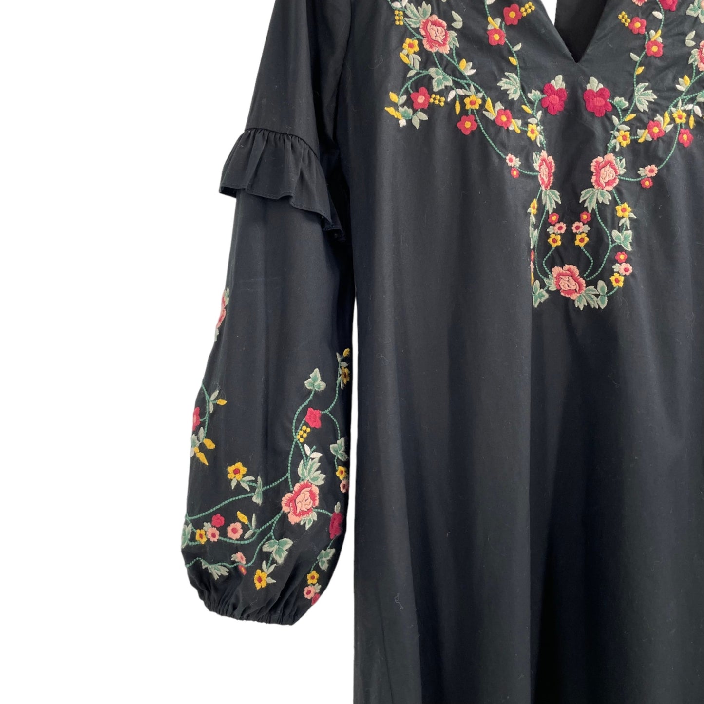 Braeve Black Embroidered Boho Floral Ruffle Split Neck Dress Womens Size Medium